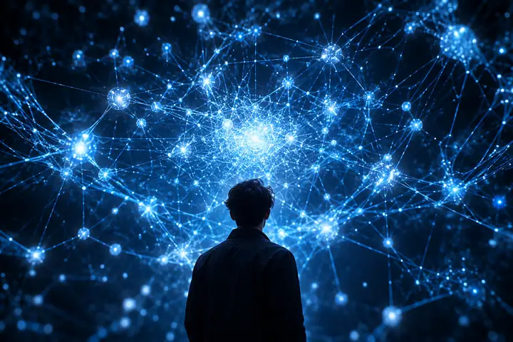 Visualisation abstraite d’un réseau neuronal bleu profond, avec de petits nœuds lumineux et de fines lignes de connexion, centrée sur un fond sombre