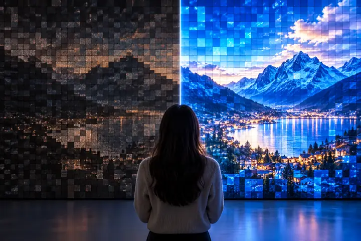 Comparaison côte à côte précise de pixels d’origine sombres et de pixels améliorés bleu lumineux, dans une visualisation technique épurée