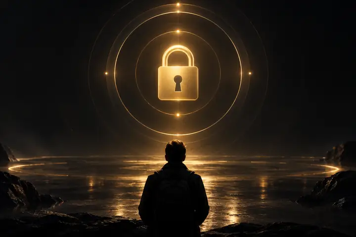 Cadenas doré discret au centre de doux cercles concentriques sur un fond presque noir, élégant et sobre