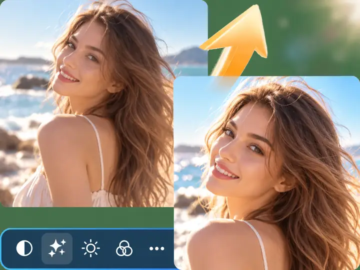 Amélioration d’un portrait avant-après présentée sous forme de panneaux d’image superposés avec une barre d’outils d’édition compacte