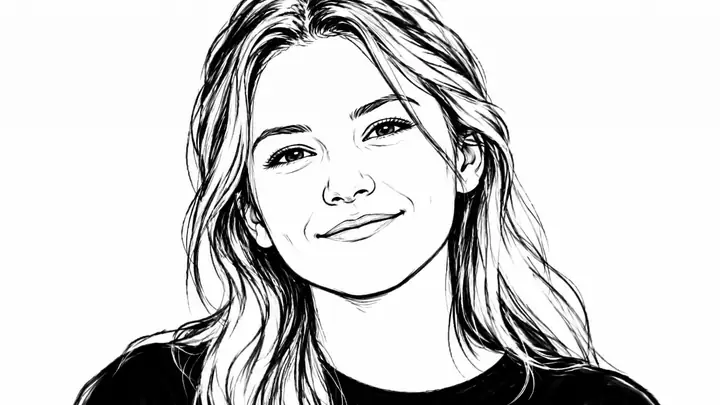 Dessin au trait noir et blanc réalisé à partir d’une photographie de portrait