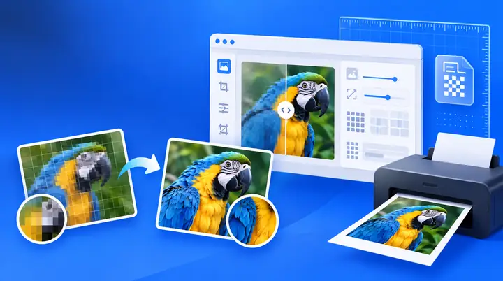 Interface de retouche d’image bleue illustrant la résolution et le détail des pixels